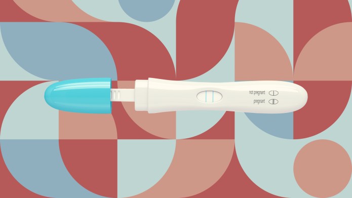 Shot of a pregnancy test partially opened in front of a geographic background