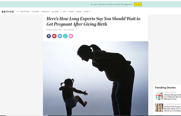 Screenshot of an article - Here's how long experts say you should wait to get pregnant after giving birth.