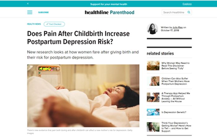 Screenshot of an article - Does pain after childbirth increase postpartum depression risk?